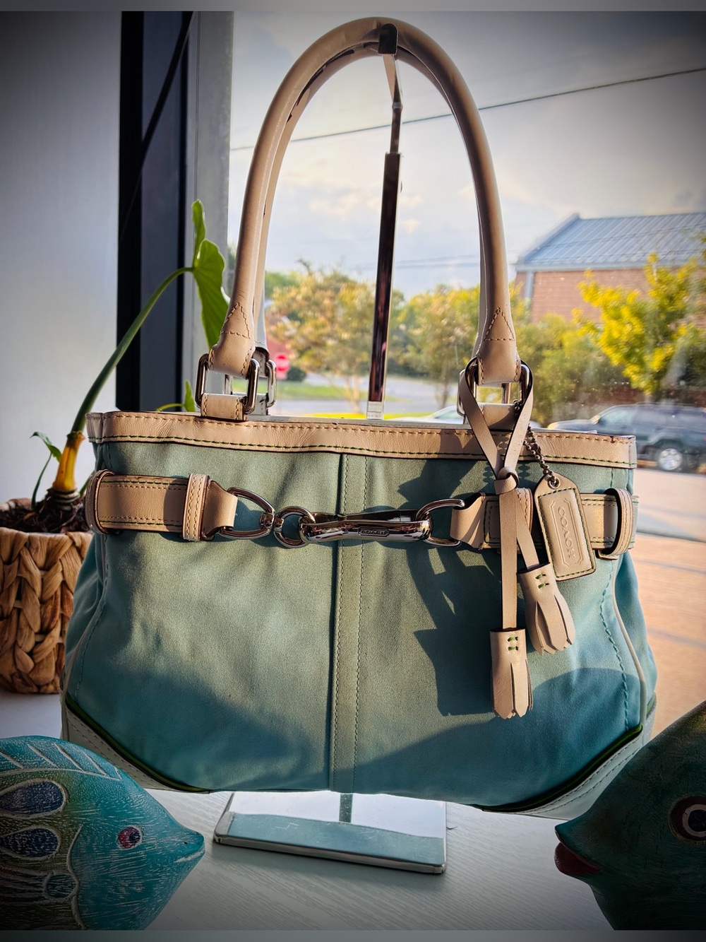 Coach Teal Canvas Shoulder Bag with Tan Leather Trim